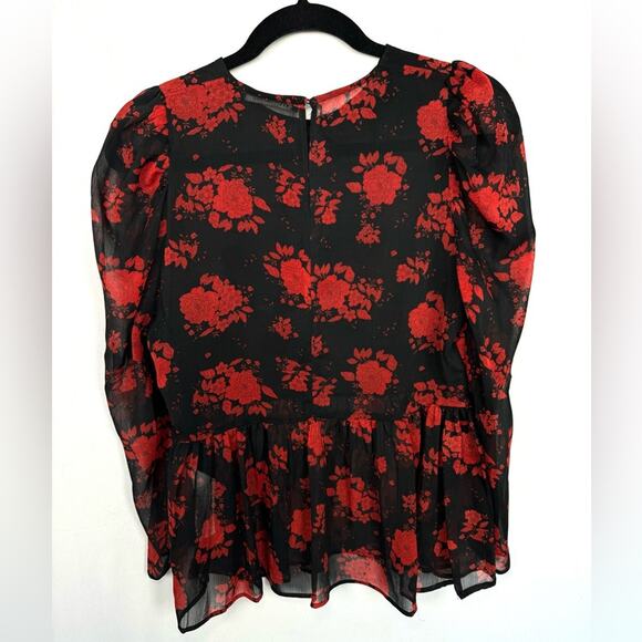Zara Women’s Sheer Chiffon Black Red Floral Blouse Size Medium - Picture 8 of 15